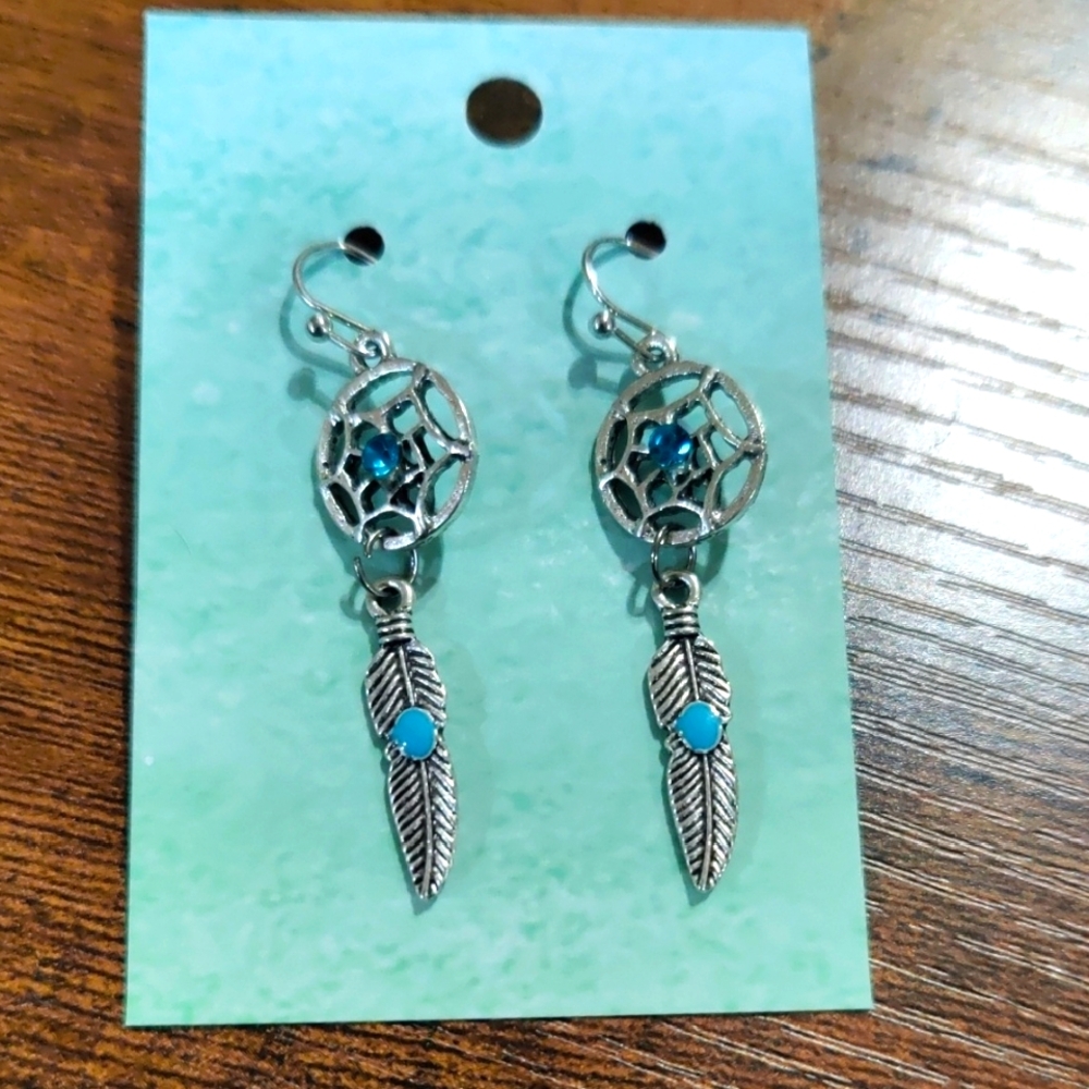 🌷 silver Dreamcatcher Feather Drop Earrings